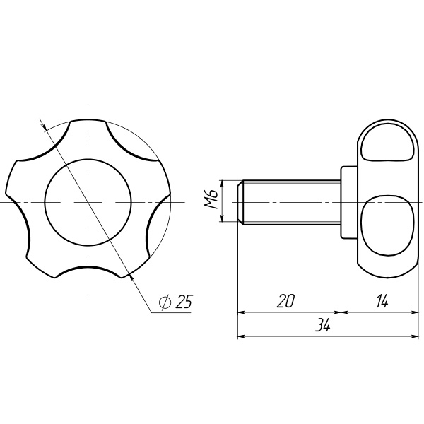 Ручка затискна з болтом D25М6L20