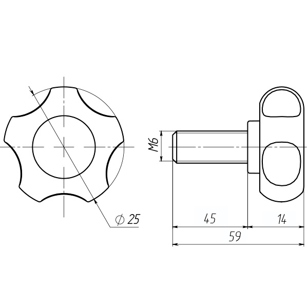Ручка затискна з болтом D25М6L45