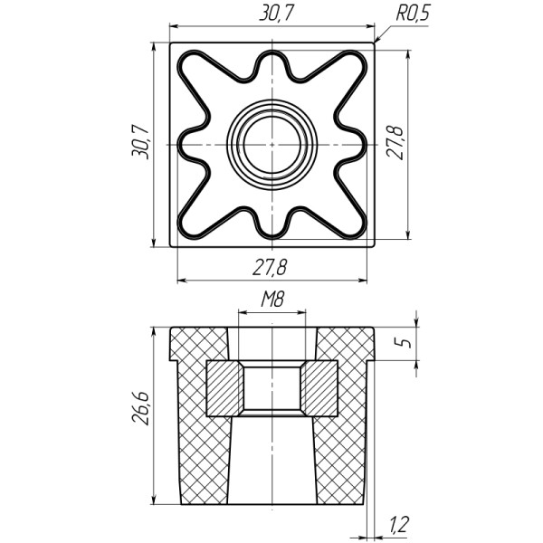 Заглушка для труби 30*30*(1,2) мм з різьбою М8