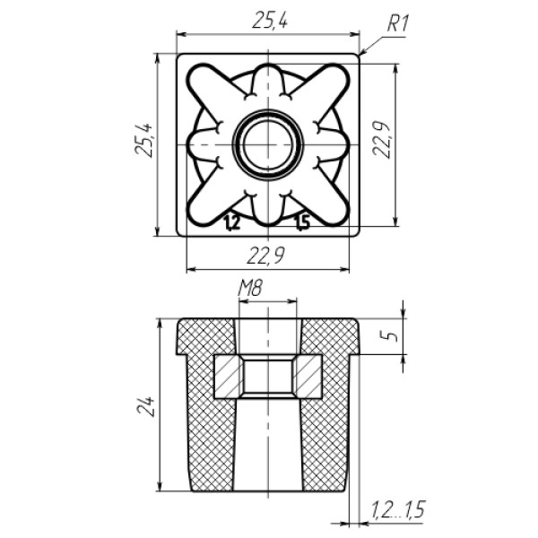 Заглушка на трубу 25x25 з різьбою М8 1.2-1.5